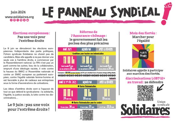 AU SOMMAIRE : Élections européennes : Pas une voix pour l’extrême droite Réforme de l’Assurance-chômage : le gouvernement fait les poches des plus précaires Mois des fiertés : Marcher pour l’égalité