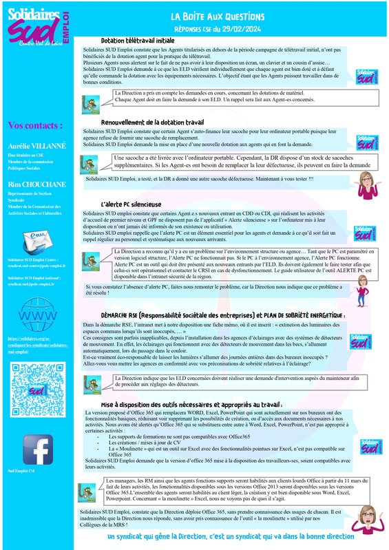 Boite aux questions réponses - CSE du 29/02/2024 - Région Centre