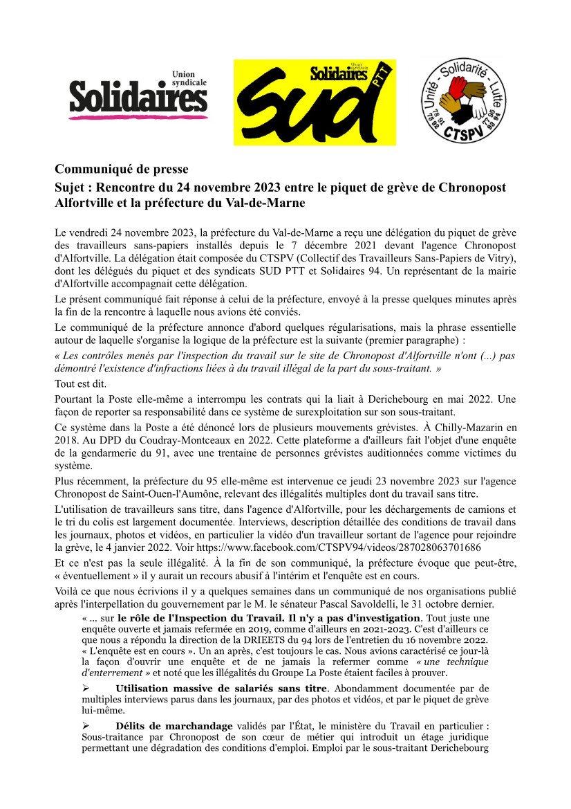 231127 Communiqué piquet Chronopost Réponse à la préfète du 94a