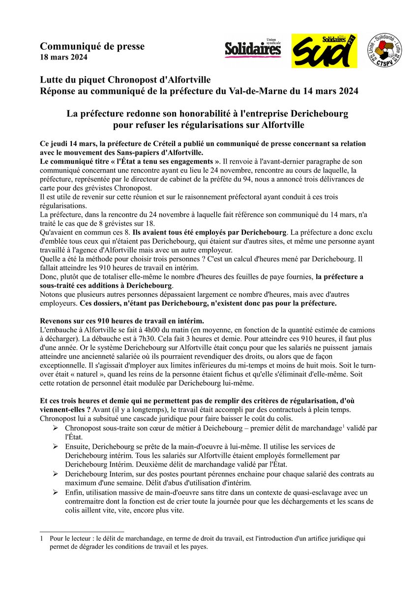 240318 Communiqué Solidaires CTSPV SUD PTT en réponse à la préfecture du 94