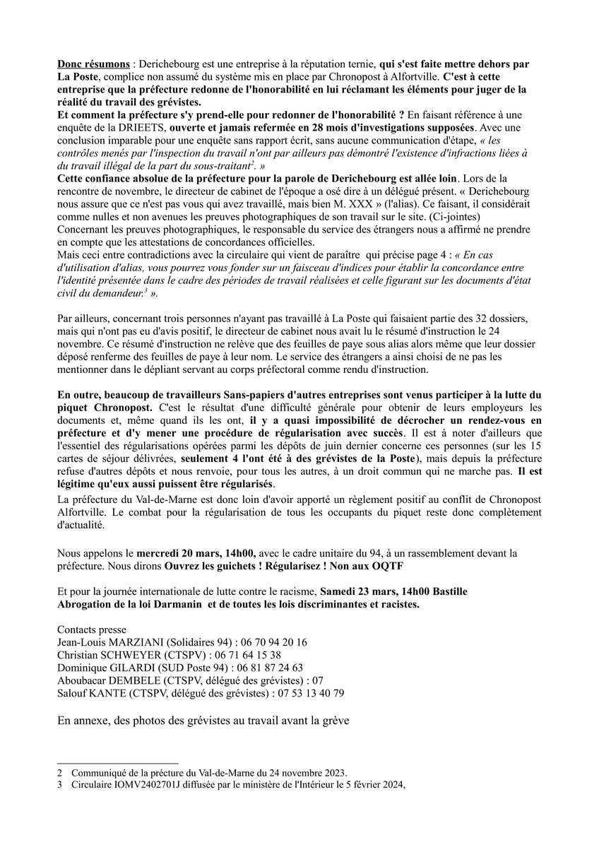 240318 Communiqué Solidaires CTSPV SUD PTT en réponse à la préfecture du 94b