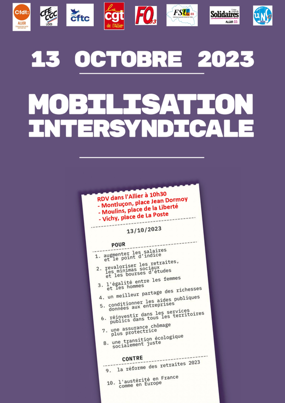 AficheIntersyndicaleAllier13octobre2023