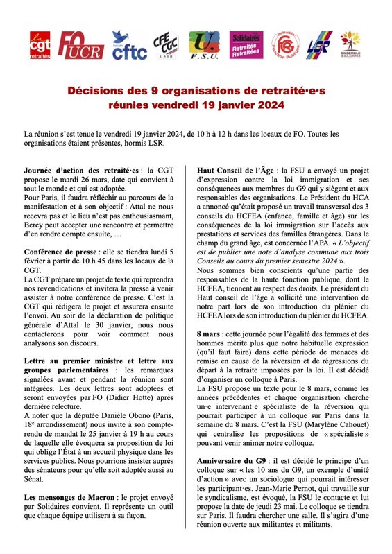 Decisions du G9 le 19 janvier 1