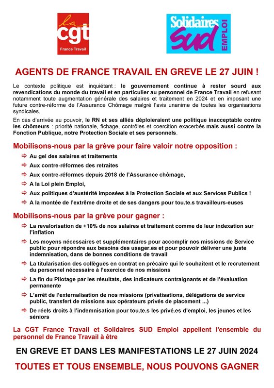 France Travail Appel à la grève du 27 juin 2024