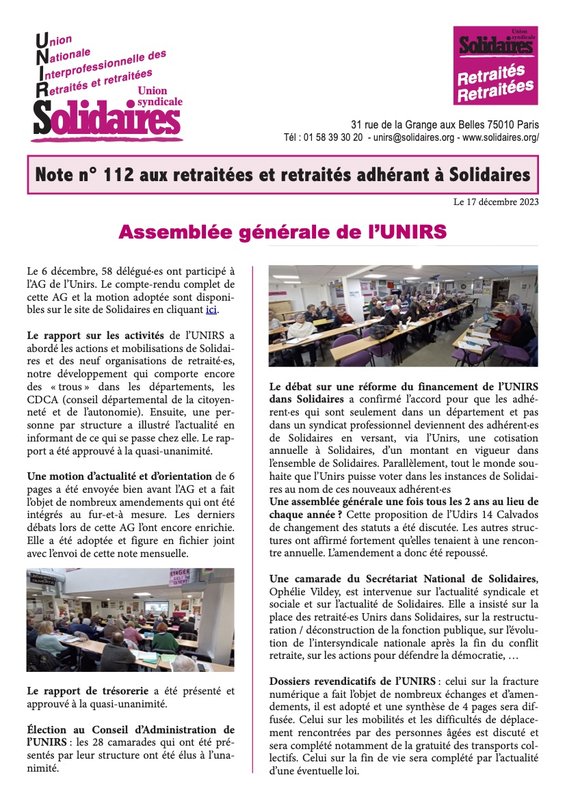 Note Unirs 112 décembre 23 1