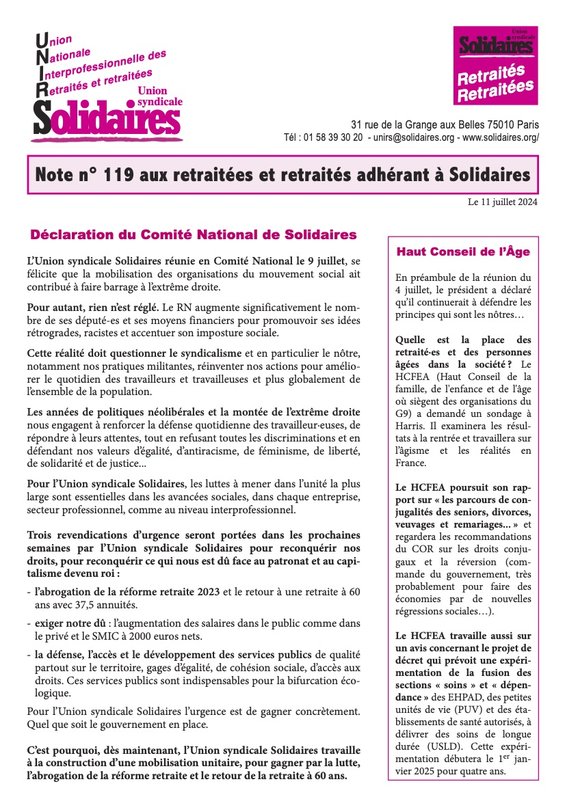 Note Unirs 119 juillet 24 1