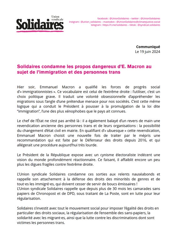 Propos dangereux d’E Macron au sujet de l’immigration et des personnes trans