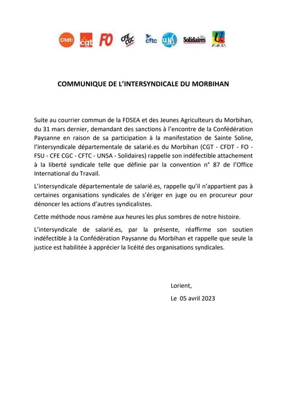Communiqué de l'intersyndicale du Morbihan suite au courrier de la FNSEA et des JA contre nos camarades de la Confédération Paysanne