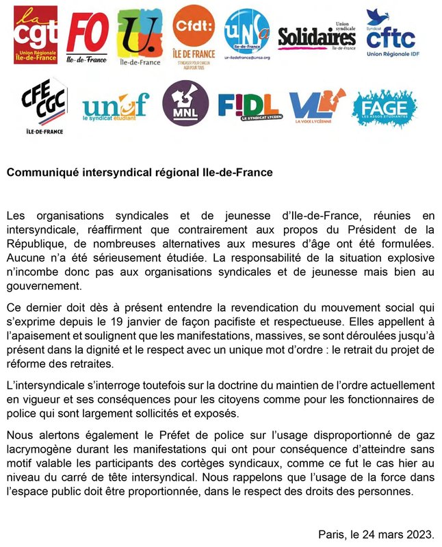 Communiqué intersyndical régional Ile-de-France : Les organisations syndicales et de jeunesse d’Ile-de-France réaffirment que contrairement aux propos du Président de la République, de nombreuses alternatives aux mesures d’âge ont été formulées