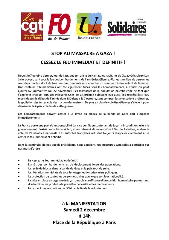 Stop au massacre à Gaza ! Cessez le feu immédiat et définitif !